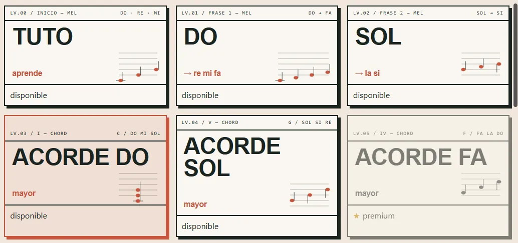 Selección de niveles de Clefchamp: tutorial, notas, acordes, arpegios y melodías